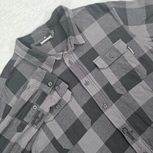 Hoonigan Mens XL Grey Black Buffalo Plaid Flannel Button Down Shirt Logo Print